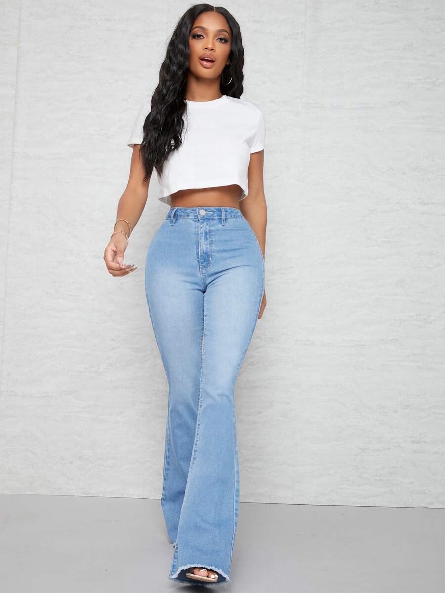SHEIN SXY Curvy High Waist Flare Leg Jeans - Light Wash - View 1