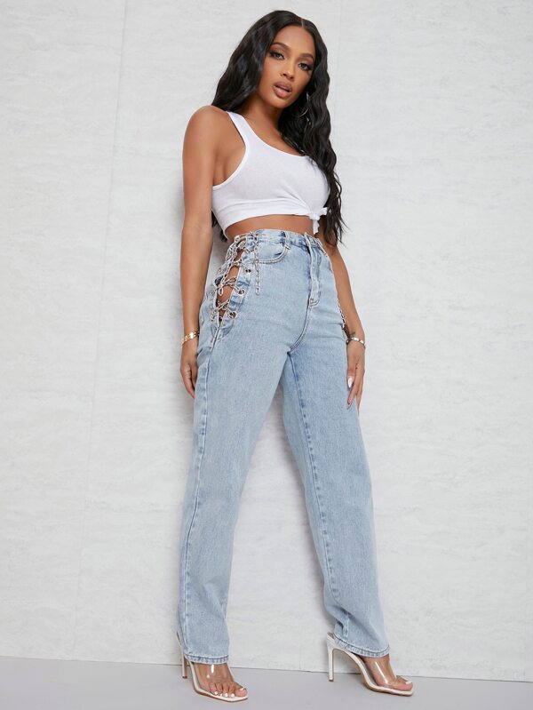 SHEIN SXY High Waist Eyelet Chain Detail Jeans