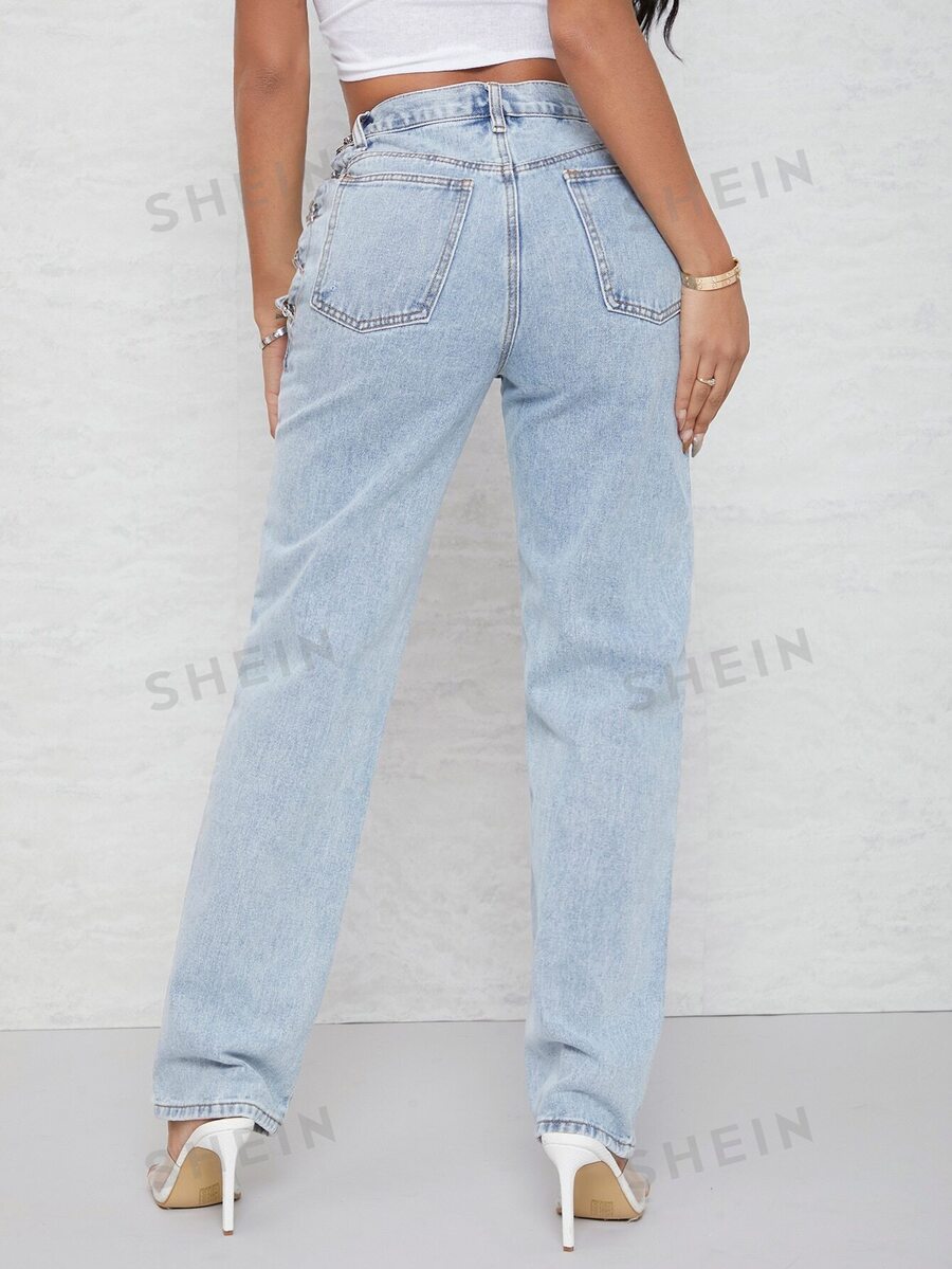 SHEIN SXY High Waist Eyelet Chain Detail Jeans SHEIN USA