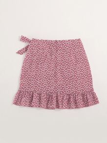 SHEIN Holidaya Ditsy Floral Ruffle Trim Wrap Knot Skirt