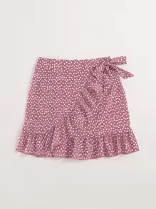 SHEIN Holidaya Ditsy Floral Ruffle Trim Wrap Knot Skirt