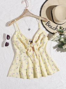 Soleia Floral Print Tie Front Cami Top - Yellow - View 1