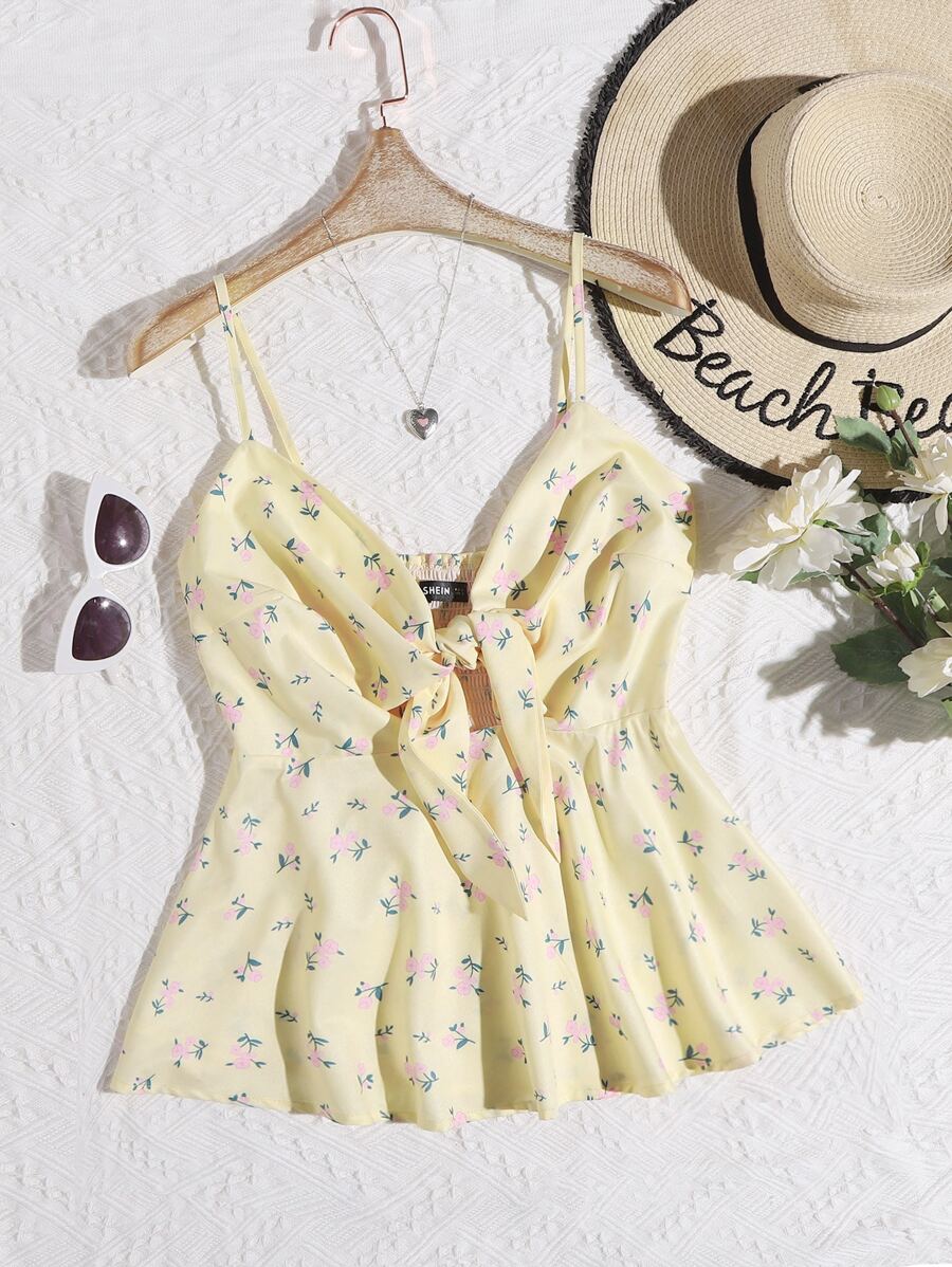 Soleia Floral Print Tie Front Cami Top - Yellow - View 1