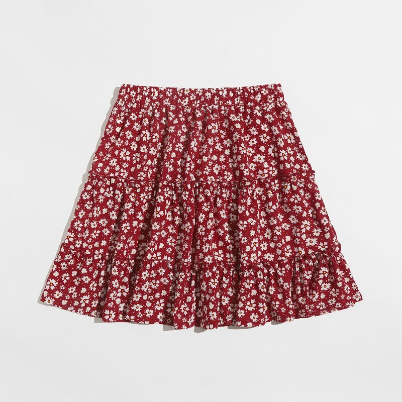 

Ditsy Floral Tiered Skirt, Red