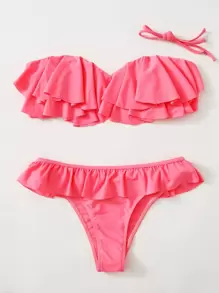 Conjunto de bikini con cuello halter con volantes en forma de anillo - Rosa - Ver 1