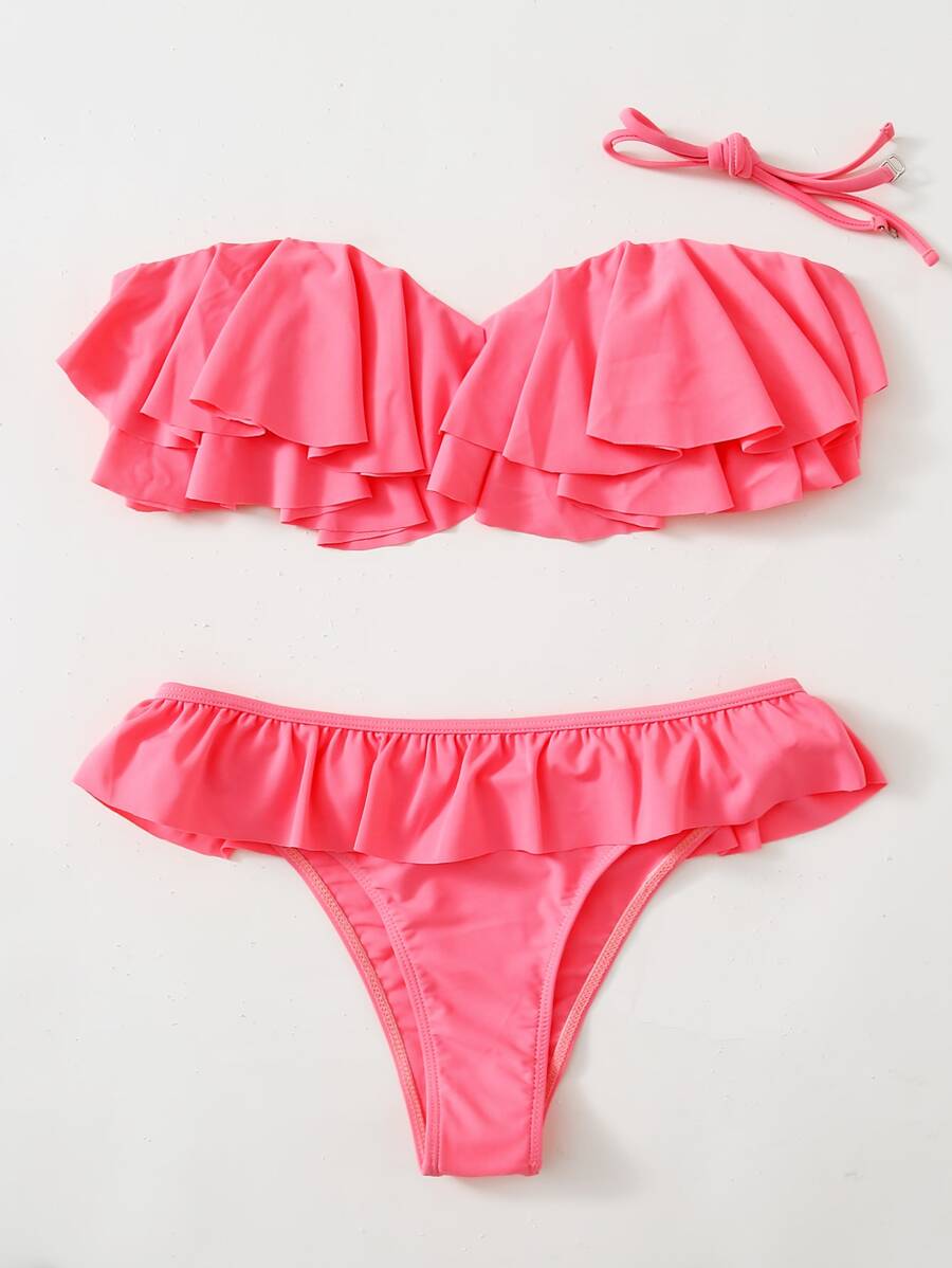 Conjunto de bikini con cuello halter con volantes en forma de anillo - Rosa - Ver 1