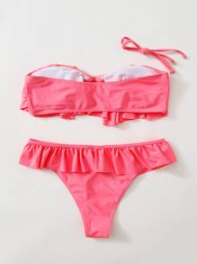 Conjunto de bikini con cuello halter con volantes en forma de anillo - Rosa - Ver 2