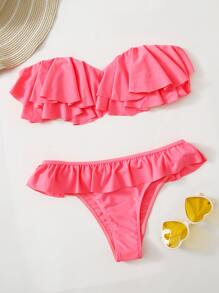 Conjunto de bikini con cuello halter con volantes en forma de anillo - Rosa - Ver 5