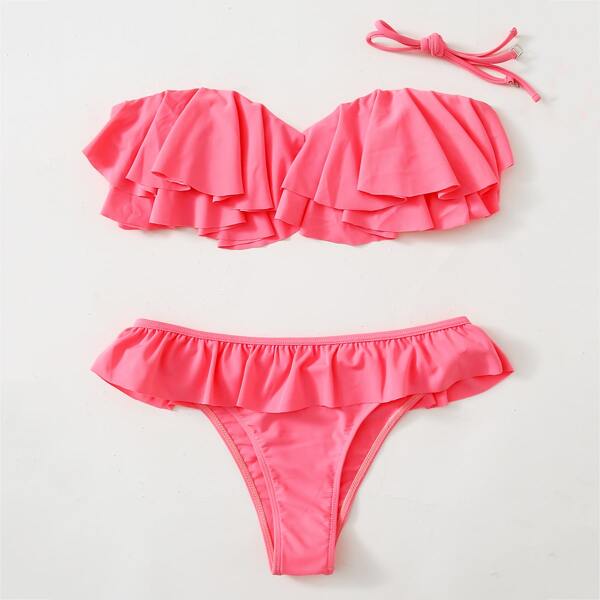 

Ring Linked Ruffle Halter Bikini Swimsuit, Pink