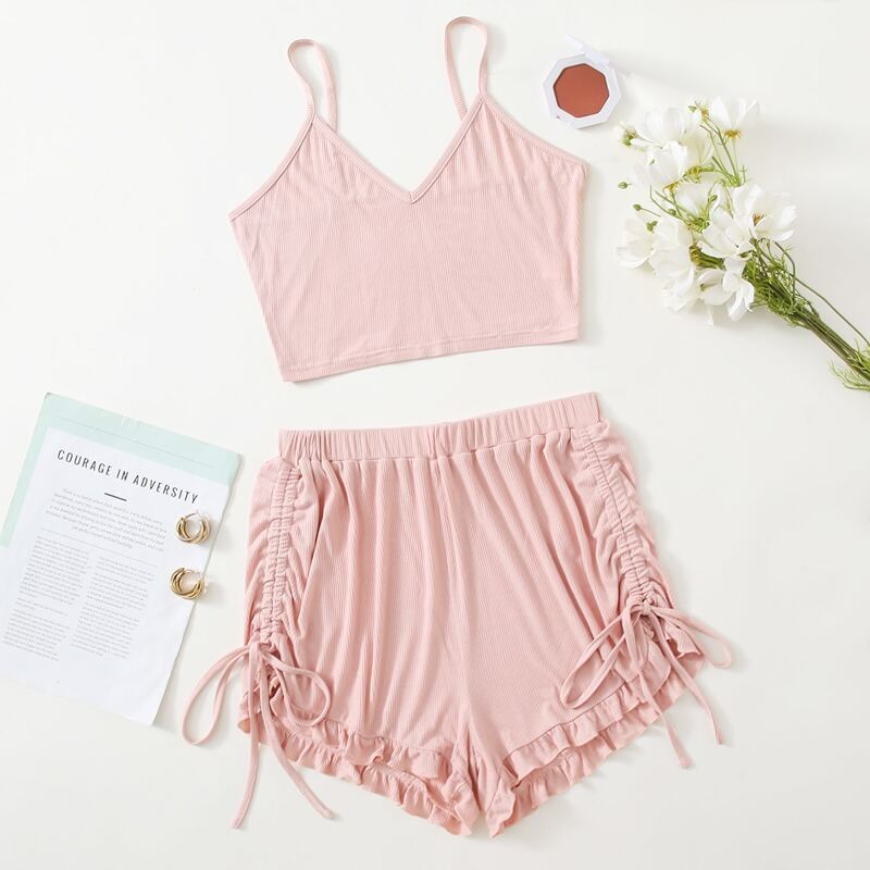 

Solid Drawstring Side Ruffle Hem Lounge Set, Baby pink