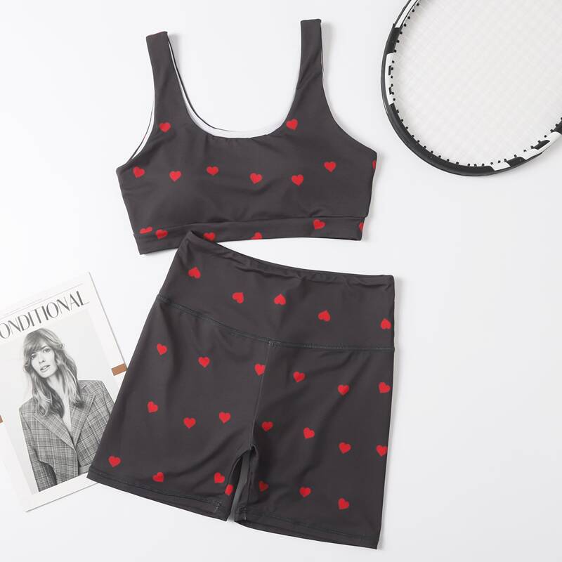 

Allover Heart Print Sports Set, Dark grey