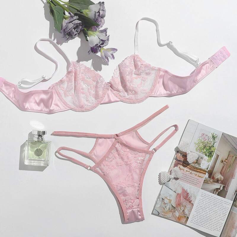 

Floral Lace Underwire Thong Lingerie Set, Baby pink