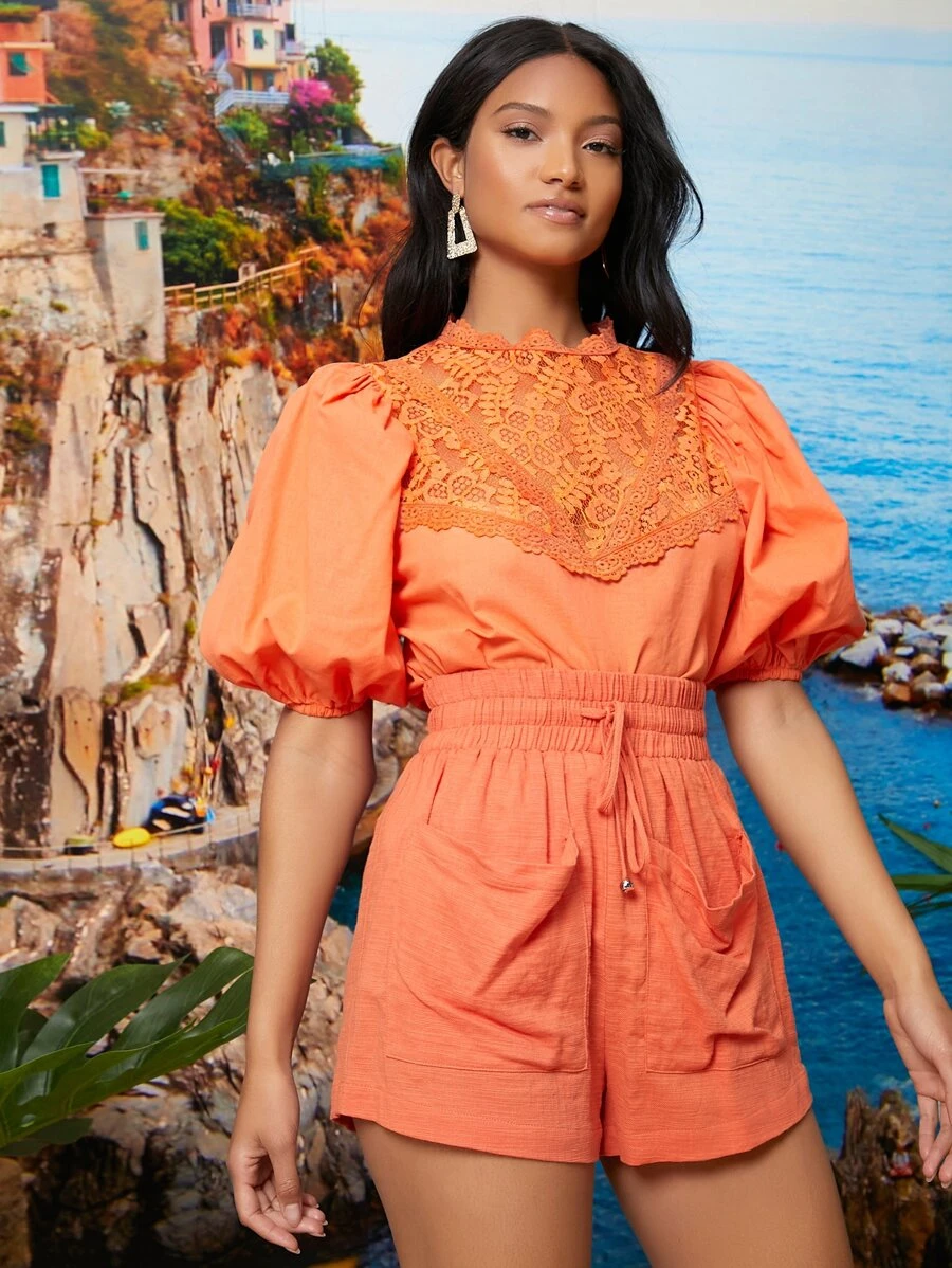 SHEIN Lace Neck Puff Sleeve Top - Orange - View 1