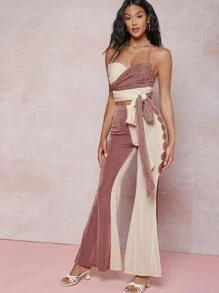 SHEIN Colorblock Self-Tie Crop Top & Cutout Slit Pants Set - Multicolor - View 1