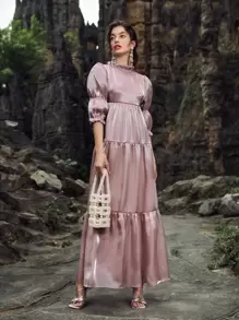 Modelyn 褶皺袖歐根紗連衣裙 - 藕粉色 - 查看 3