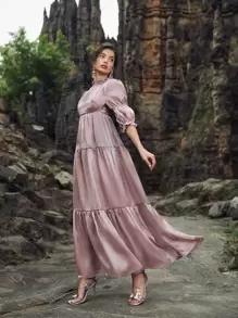 Modelyn 褶皺袖歐根紗連衣裙 - 藕粉色 - 查看 4