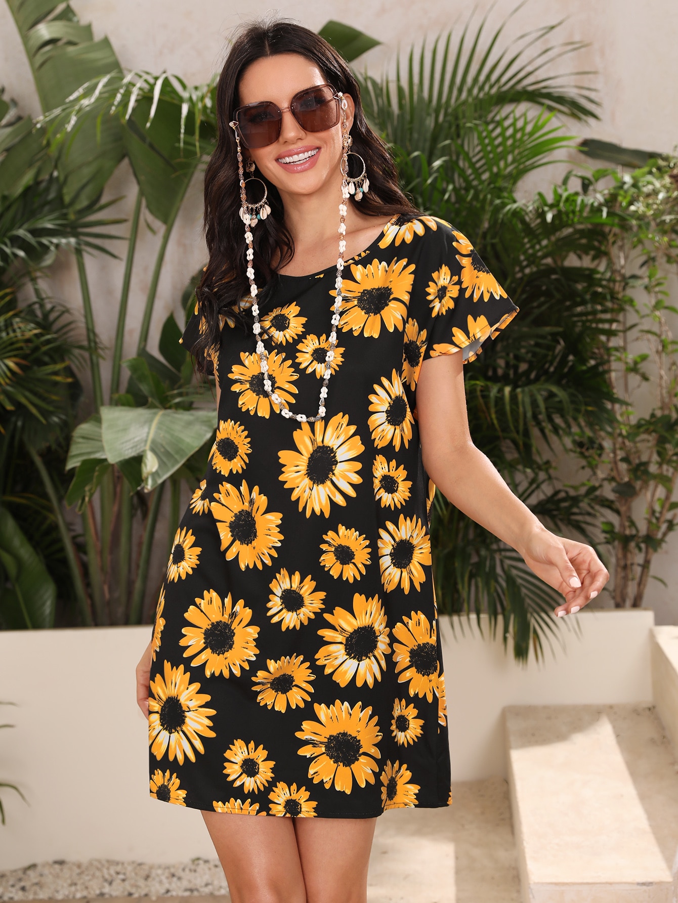 コケヤンmarble SUD Sunflower tunic YELLOW Our Sunflower Print Tunic Dress is such a vibe - ROMWE