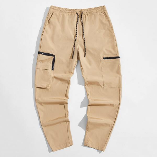 

Men Drawstring Waist Zipper Placket Patch Pocket Pants, Khaki