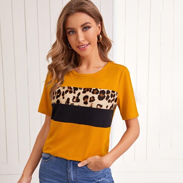 

Leopard Panel Colorblock Tee, Mustard yellow
