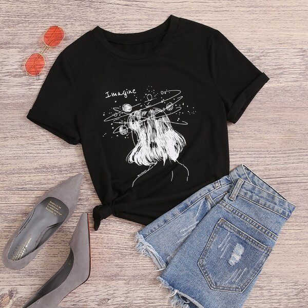 

Plus Letter And Galaxy Print Tee, Black