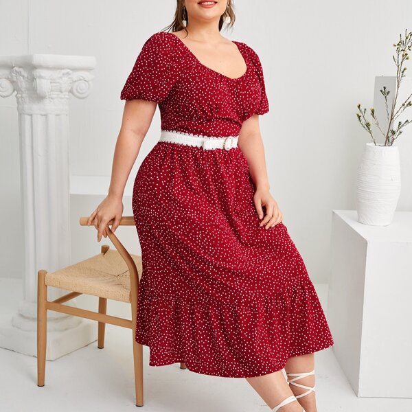 

Plus Sweetheart Neck Polka Dot Dress Without Belt, Red