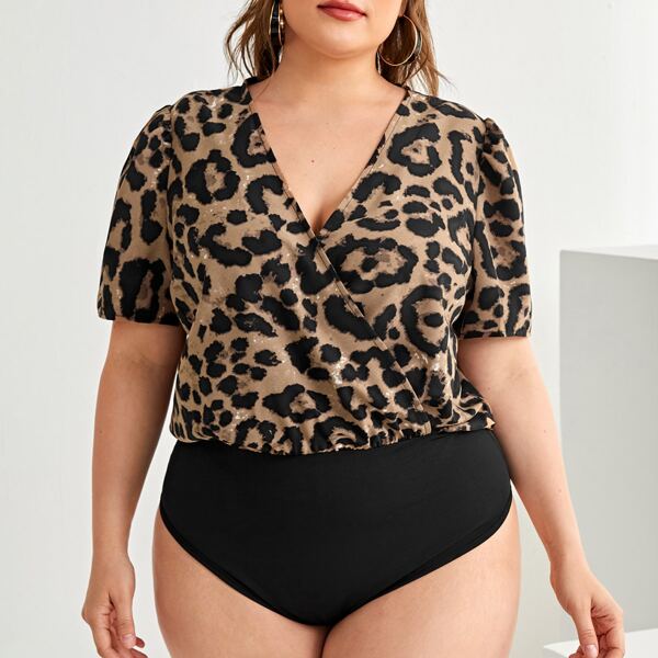 

Plus Surplice Front Leopard Print Bodysuit, Multicolor