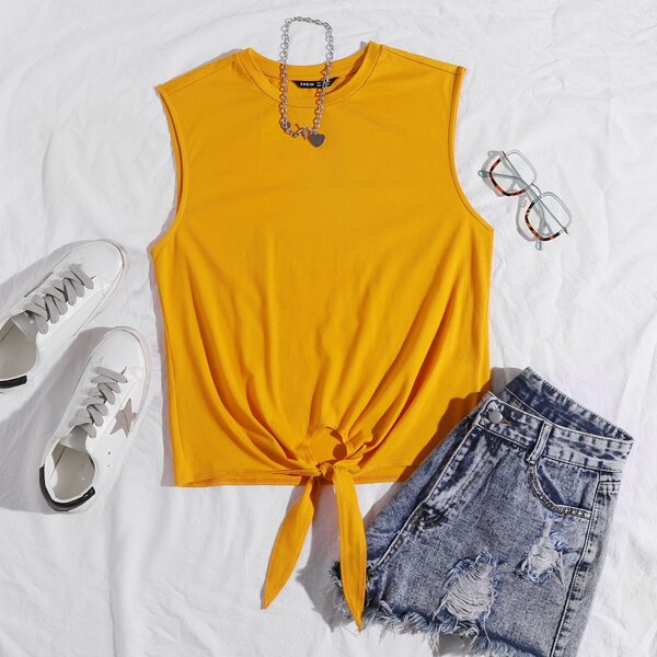 

Tie Hem Solid Tank Top, Mustard yellow