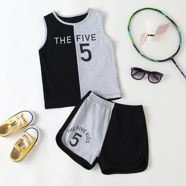 

Toddler Boys Two Tone Letter Graphic Tank Top With Shorts, Multicolor