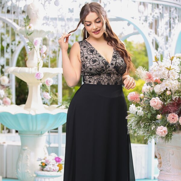 

Plus Lace Panel Tie Back Chiffon Dress, Black