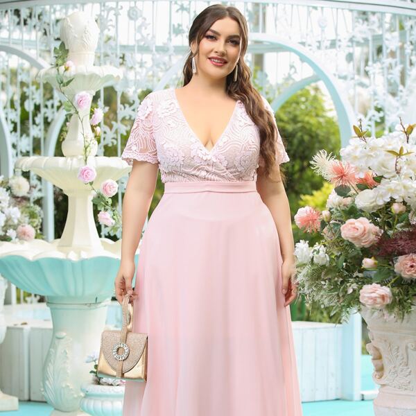 

Plus Plunging Neck Lace Panel Chiffon Dress, Baby pink