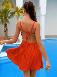Solid Backless Cami Dress - Red - View 2
