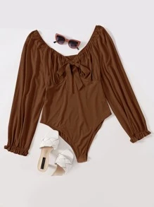 SHEIN EZwear Áo liền quần chặt Kích thước lớn Xù màu trơn Giải trí - Cà phê nâu - Xem 1