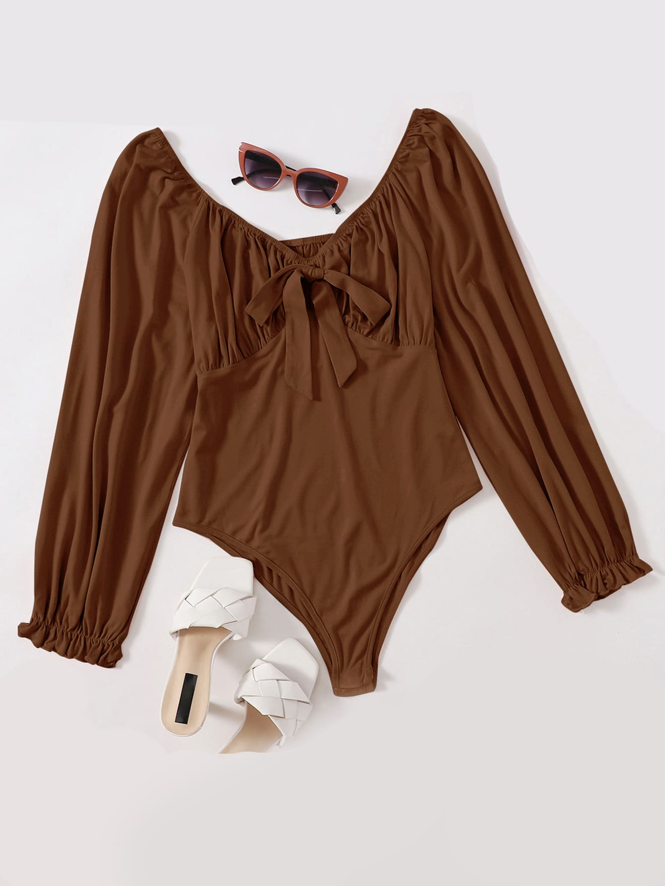 SHEIN EZwear Áo liền quần chặt Kích thước lớn Xù màu trơn Giải trí - Cà phê nâu - Xem 1