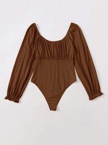 SHEIN EZwear Áo liền quần chặt Kích thước lớn Xù màu trơn Giải trí - Cà phê nâu - Xem 2