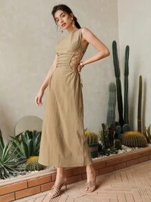SHEIN VCAY Lace Up Waist Split Back Dress - Khaki - View 1