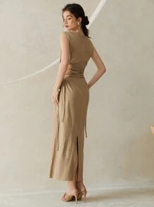 SHEIN VCAY Lace Up Waist Split Back Dress - Khaki - View 2