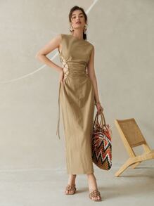 SHEIN VCAY Lace Up Waist Split Back Dress - Khaki - View 3