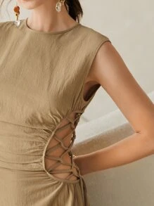 SHEIN VCAY Lace Up Waist Split Back Dress - Khaki - View 4