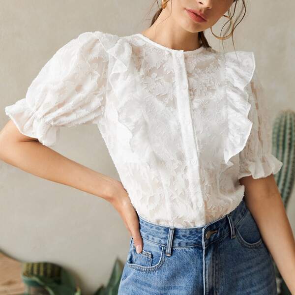 

Flounce Sleeve Jacquard Blouse, White