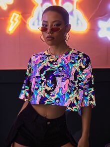 SHEIN ICON تي شيرتات بطباعة شاملة كاجوال