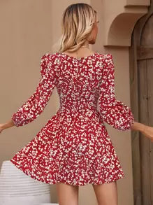 SHEIN Frenchy Đầm Thắt lưng Họa tiết hoa Boho - Đỏ và trắng - Xem 2