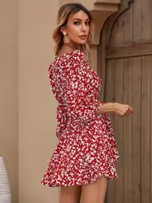 SHEIN Frenchy Đầm Thắt lưng Họa tiết hoa Boho - Đỏ và trắng - Xem 3