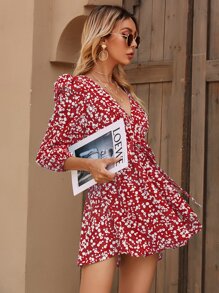 SHEIN Frenchy Đầm Thắt lưng Họa tiết hoa Boho - Đỏ và trắng - Xem 4