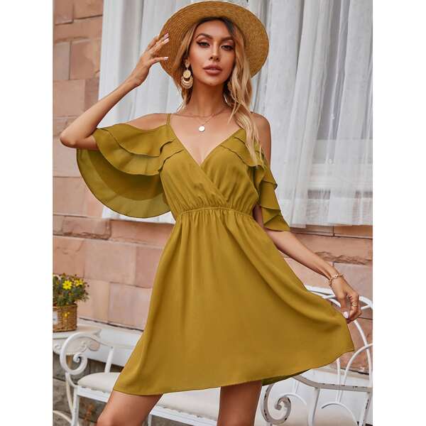 

Layered Ruffle Cold Shoulder A-line Dress, Mustard yellow