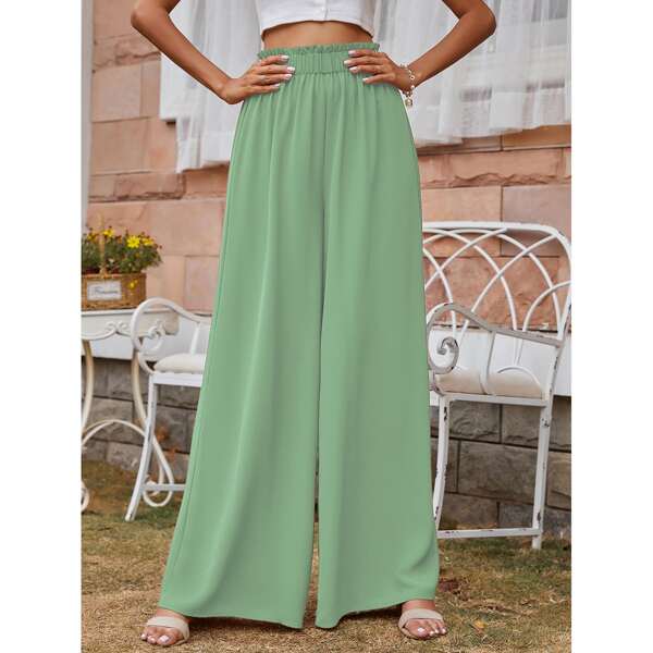 

Solid Paperbag Waist Wide Leg Pants, Mint green
