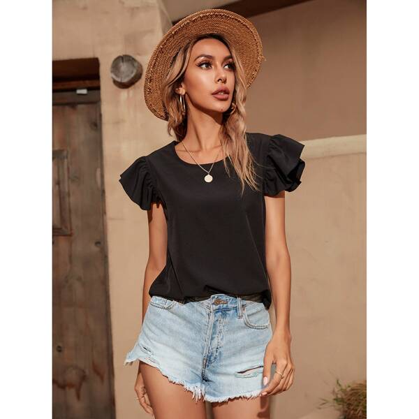 

Ruffle Trim Solid Blouse, Black