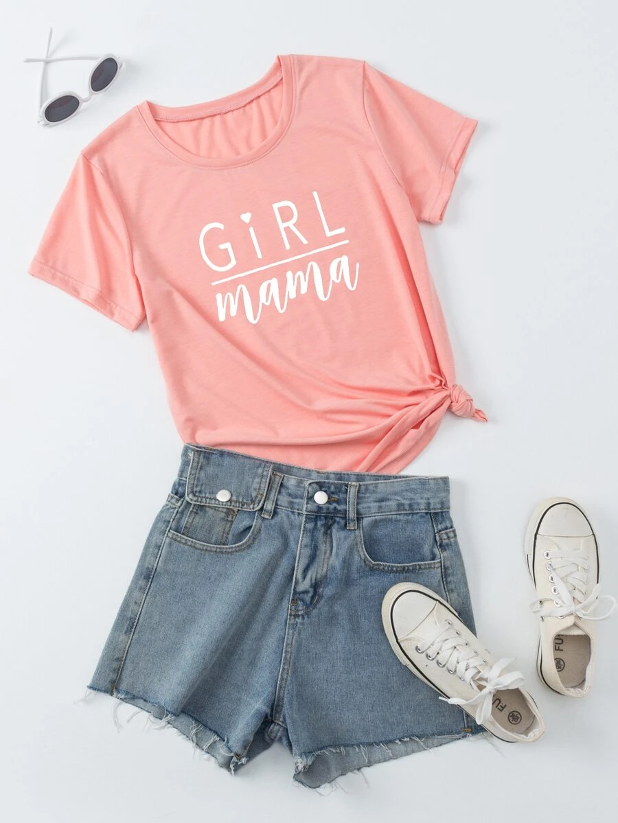 字母圖案短袖T恤 - 珊瑚粉 - 查看 1