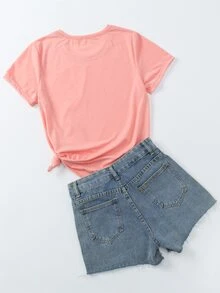 字母圖案短袖T恤 - 珊瑚粉 - 查看 2