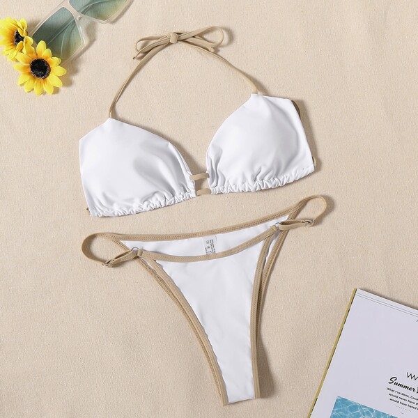 

Contrast Binding Halter Thong Bikini Swimsuit, White