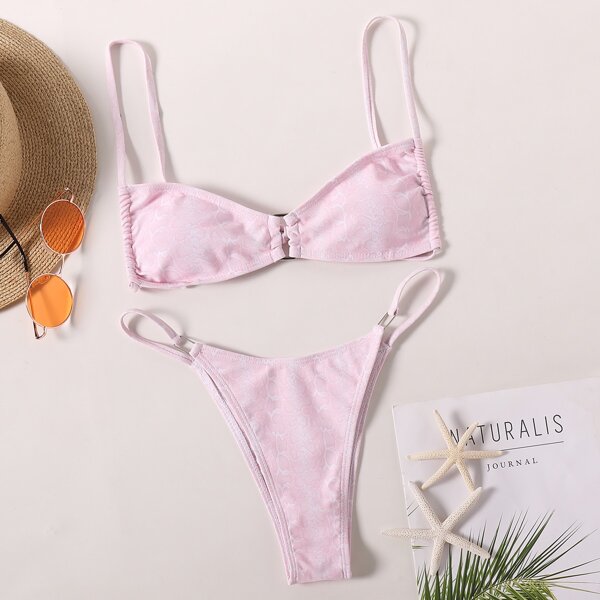 

Snakeskin Print Thong Bikini Swimsuit, Pink